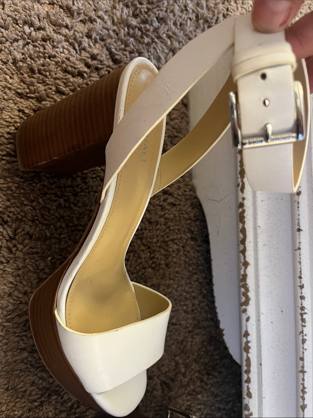 Michael Kors White Leather Slingback Sandals with Brown Block Heel